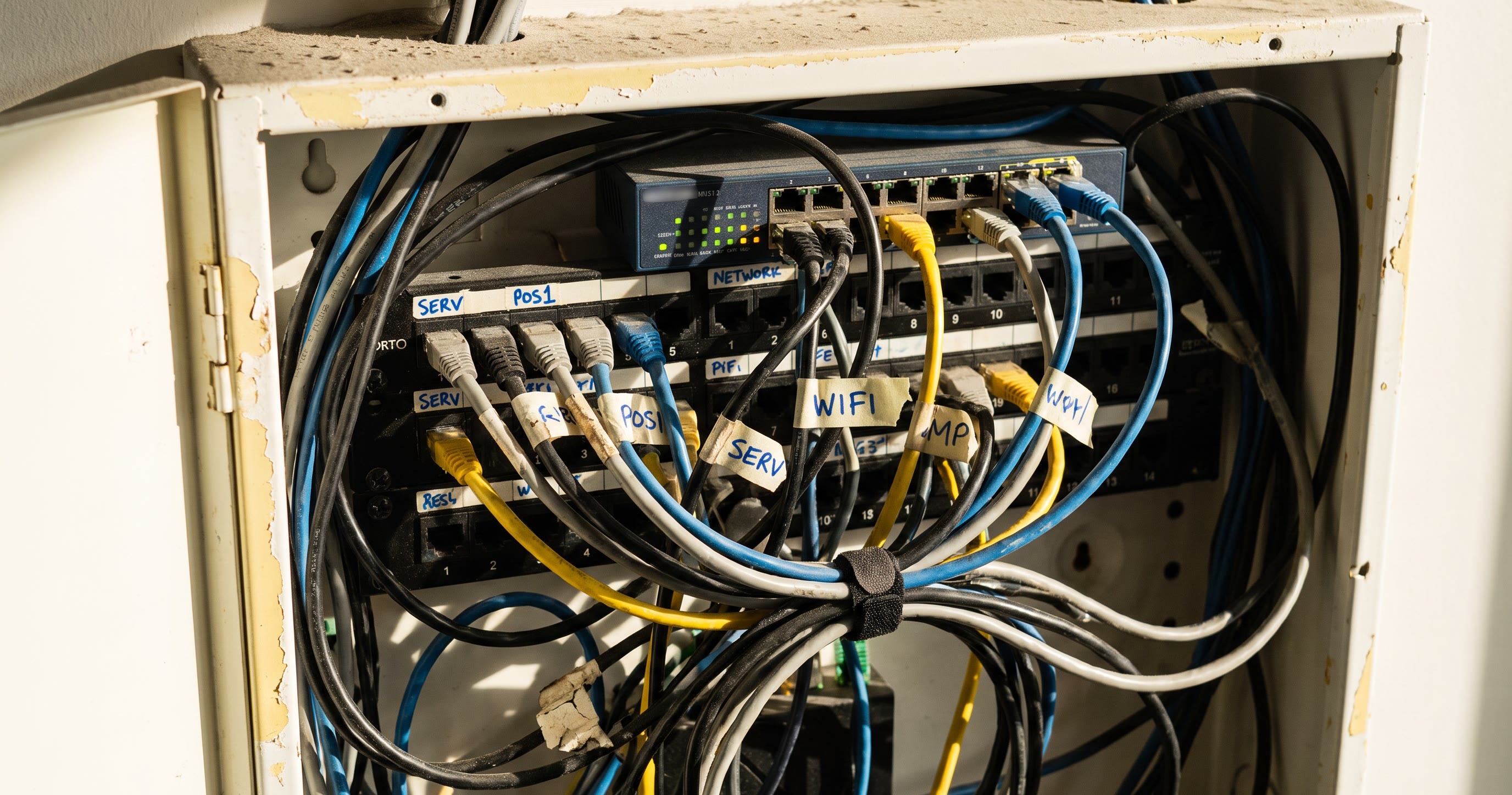 A real, messy small-business network closet -- an aged patch panel with hand-labeled ports (SERV, POS1, NETWORK, WIFI), tangled cables, and a basic switch.