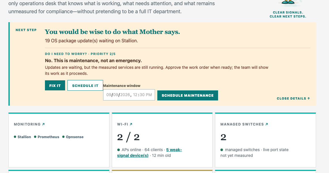 MoM dashboard showing 19 OS package updates waiting on Stallion, with a Next Step card explaining the priority and offering to approve the work order.