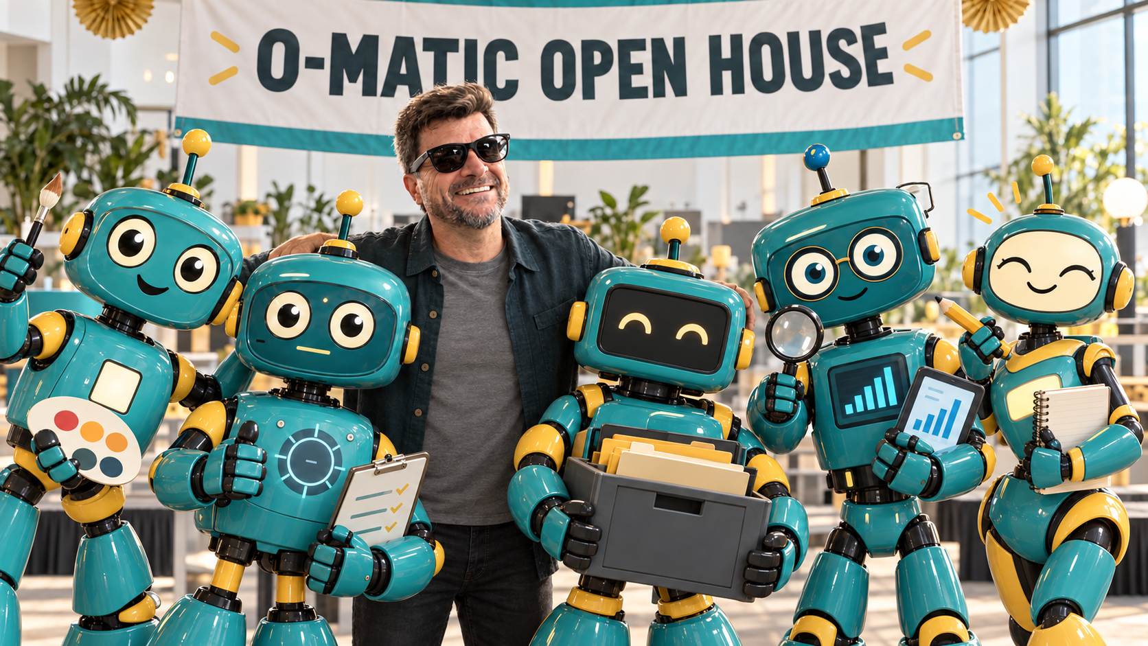 Jimmy at the O-Matic Open House, arms around five O-Matic robot mascots each holding a different tool of the trade.