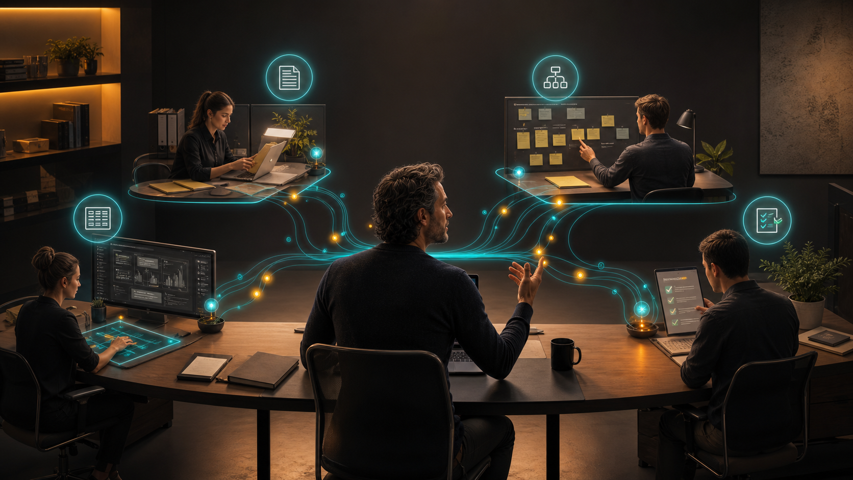 A human department lead guides coordinated digital work roles that research, plan, build, and check work
