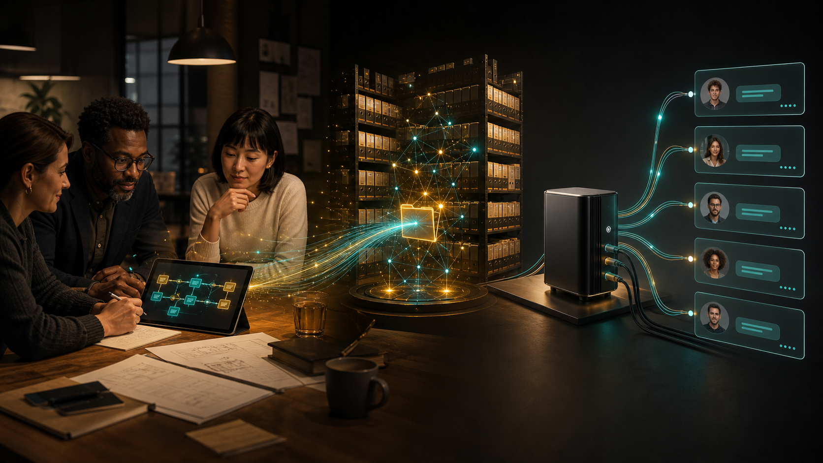People working with a tablet, organized knowledge, and a portable server that reaches several chat tools