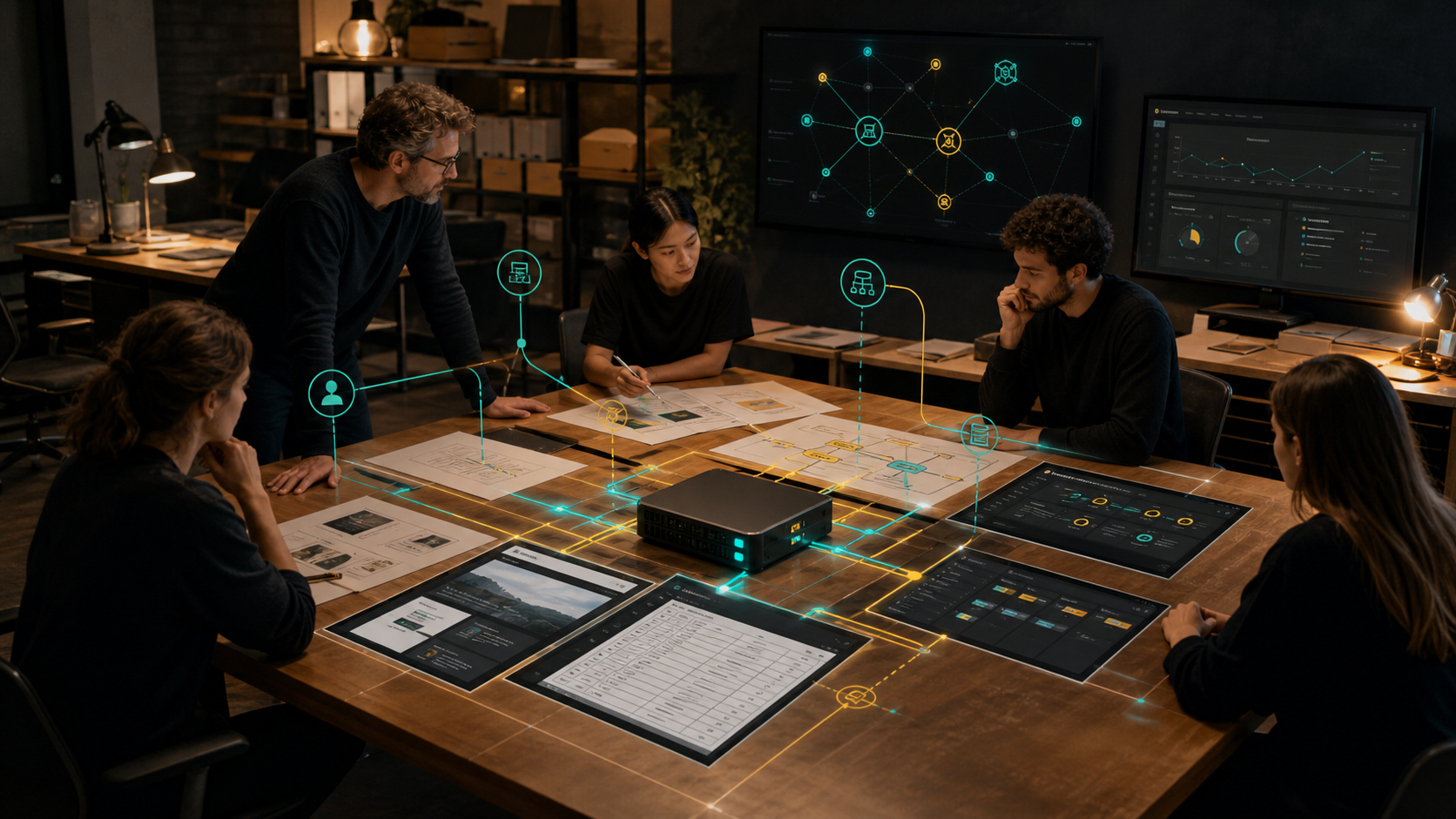 A business team reviews work together while a tablet and connected tools help turn the plan into useful output.